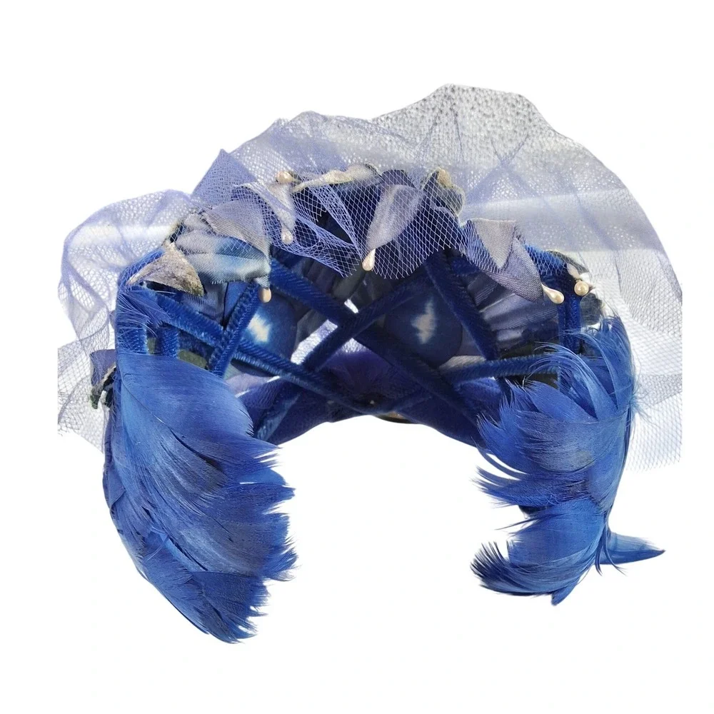 Vintage Royal Blue Feather Fascinator Hat Veiling‎ Silver Petals 1950s Style